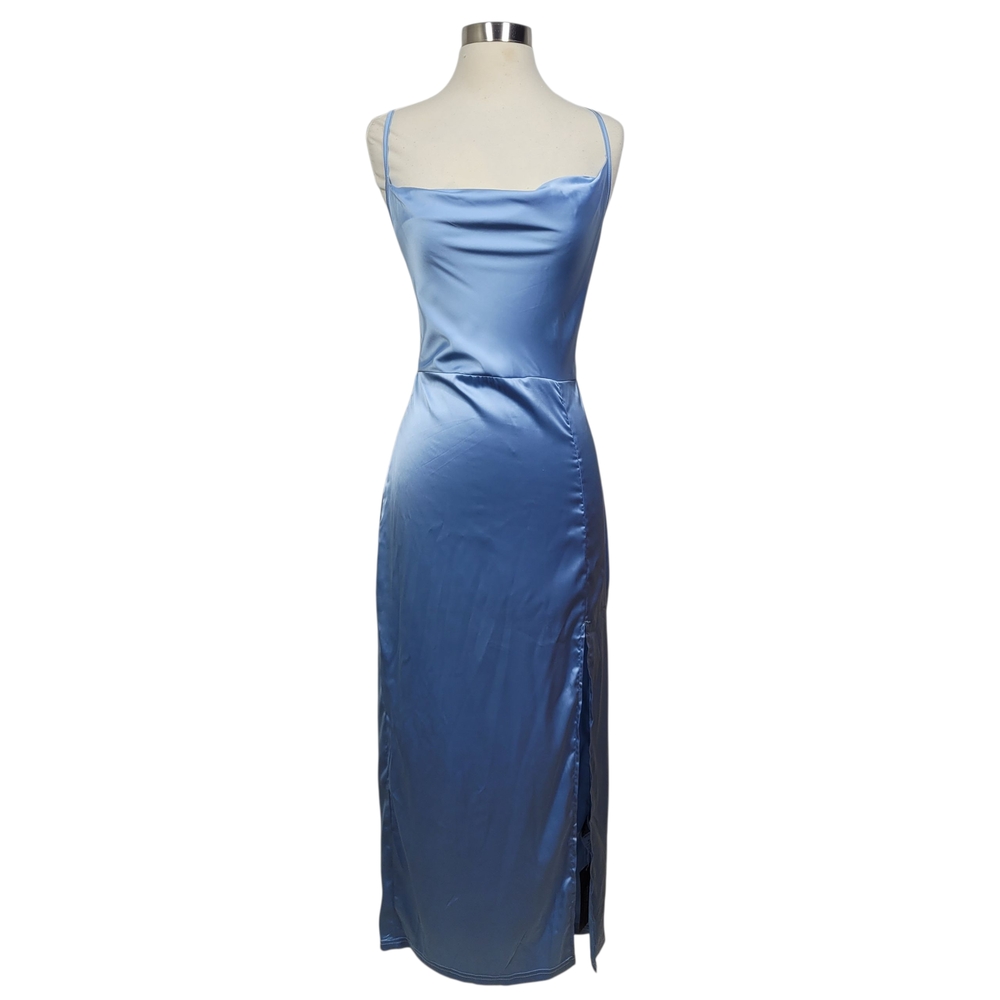 SHEIN SXY Sky Blue Satin Strappy Glam Backless Midi Dress Size 8-10
